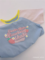 Girl Summer Small Strawberry Pure Cotton Short Sleeve T-shirt Letter Round Collar Small T Cute Collared Blouse Temperament Blue