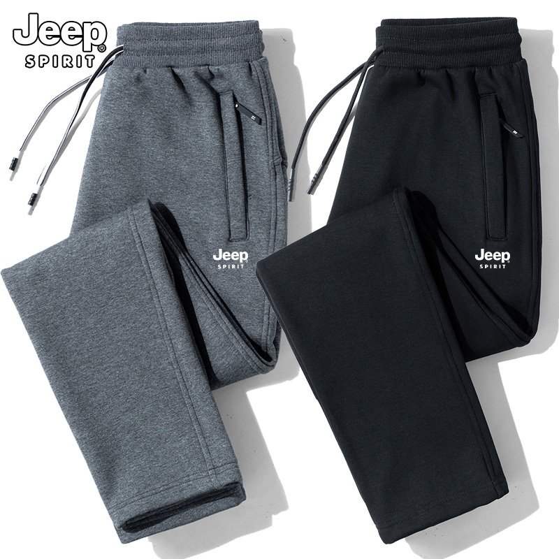 Jeep Spring, Autumn and Winter Sports Pants for Men, Pure Cotton, Fleece-Lined, Thickened Casual Pants, Large Size, Loose Straight-Leg Sweatpants, Long Pants
