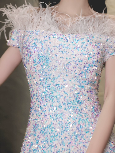 Белое модное платье, блестки для ногтей, подходит для подростков, набивка пером, яркий броский стиль, подарок на день рождения, легкий роскошный стиль