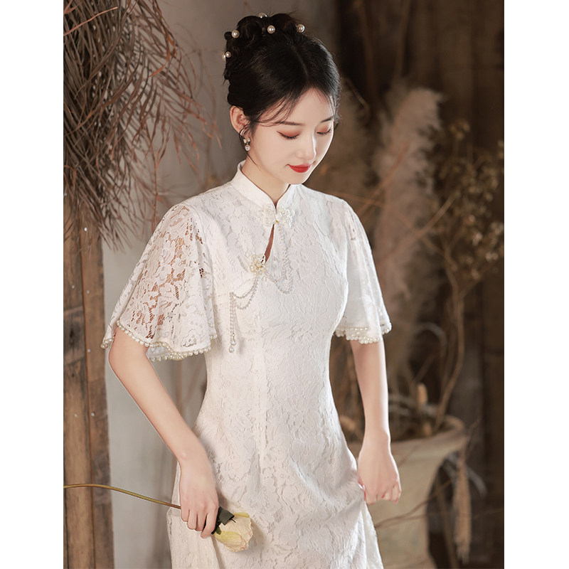 Белое кружевное маленькое вечернее платье cheongsam, женское темпераментное банкетное платье для помолвки, регистрация сертификата, высококлассная нишевая легкая роскошь