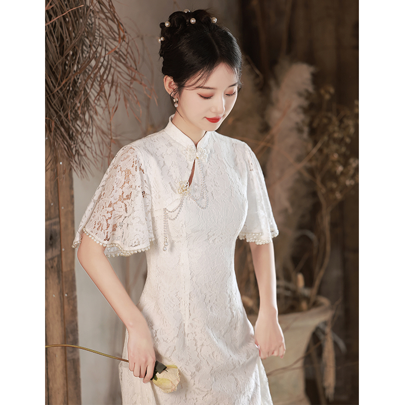 White Lace Cheongsam Evening Dress, Feminine Banquet Engagement Dress, High-End Niche Light Luxury for Marriage Registration