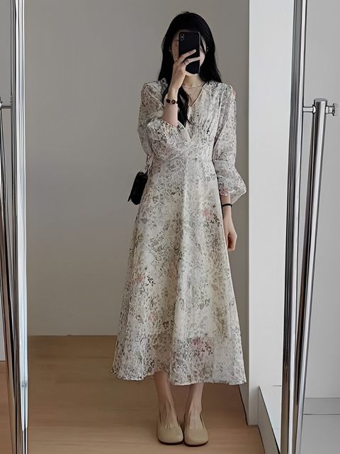 Sweet chic floral dress female 2023 spring and autumn new French style retro waist slimming A-line chiffon dress