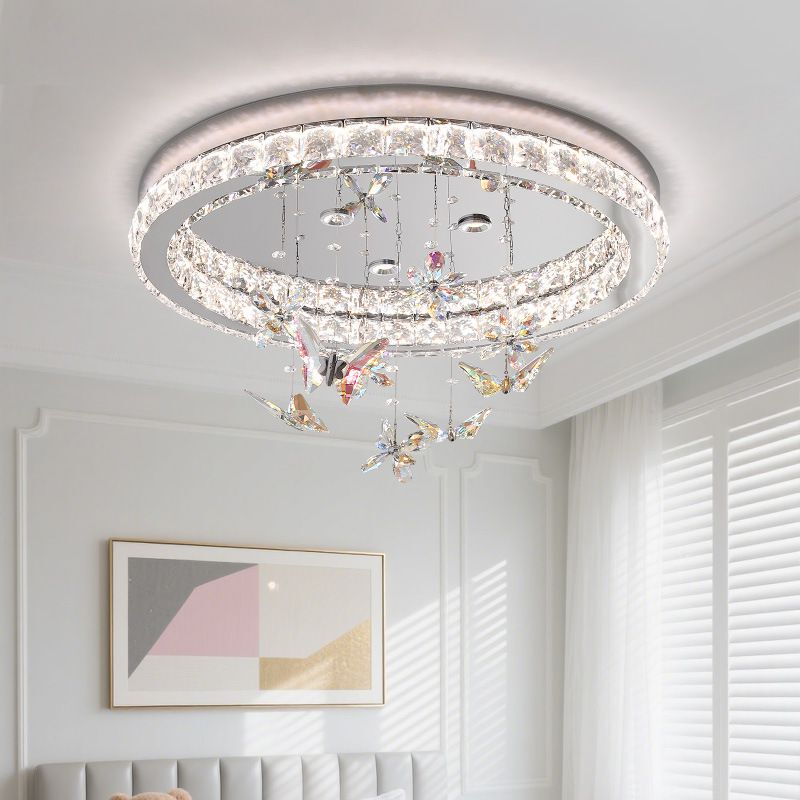 Living Room Crystal Ceiling Lamp Butterfly Crystal Flower Bedroom Lamp Dining Room Lamp Light Luxury Bedroom Eye-Protection Lighting Butterfly Loves Flowers