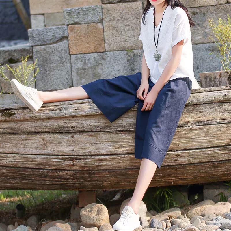 夏季时尚棉麻阔腿裤套装女2017韩版新款亚麻宽松休闲短袖两件套