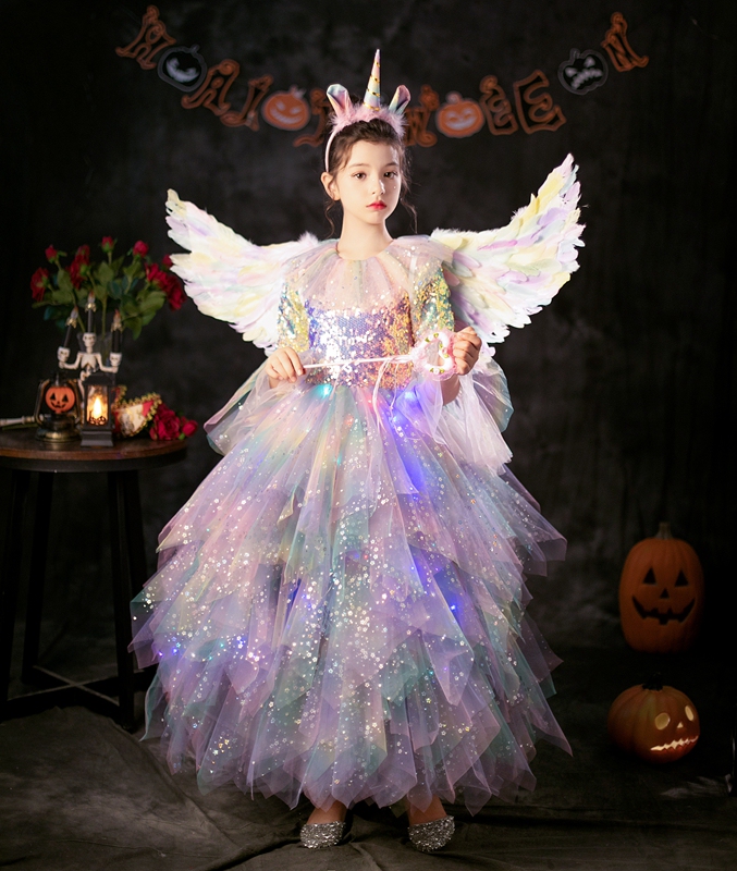 Halloween Kidsren's Costumes for Girls, Rainbow Princess Dress, Girl Cosplay Angel Role-Playing Costume