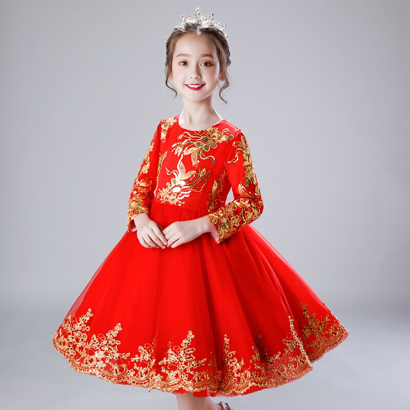 Children's dress long-sleeved autumn girl flower girl little girl birthday fluffy princess dress red host costume