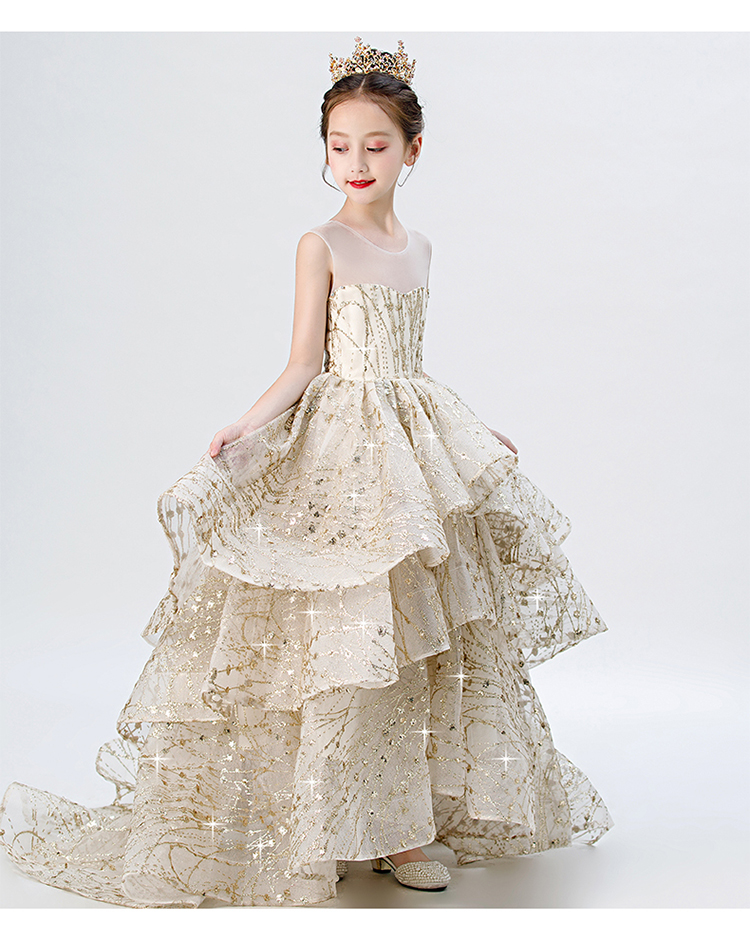 Cô gái váy váy cao cấp catwalk trẻ em mẫu váy dạ hội vàng sequin chơi piano tổ chức trang phục - Váy trẻ em set vest kẻ cho bé trai