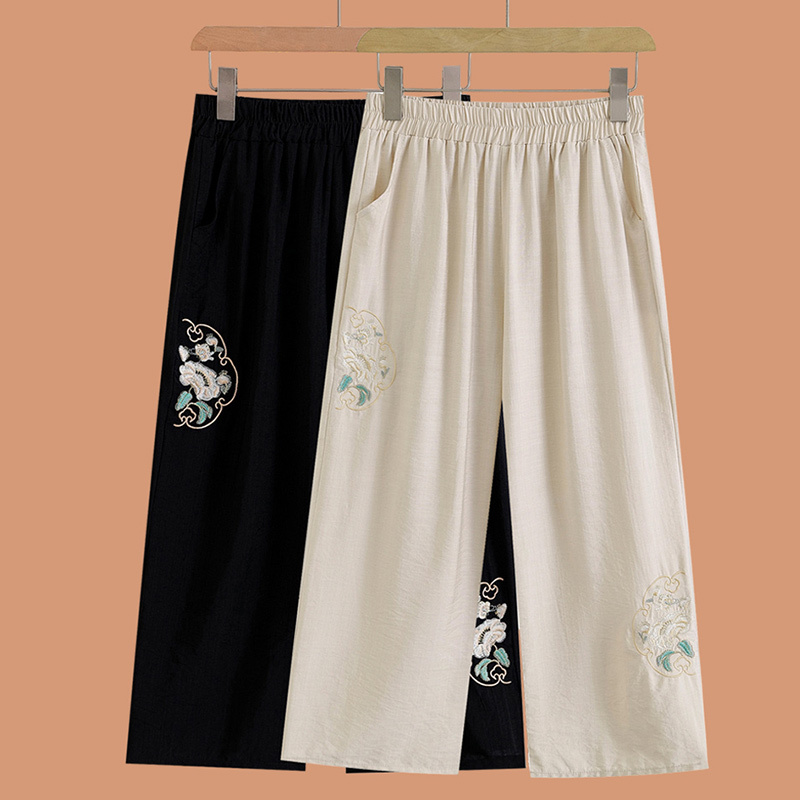 Cotton and Linen Cropped Pants for Women, Summer Thin Style 2026 New Elastic Waist Mom Straight-Leg Pants, High-Waisted 7/8 Pants with Embroidery