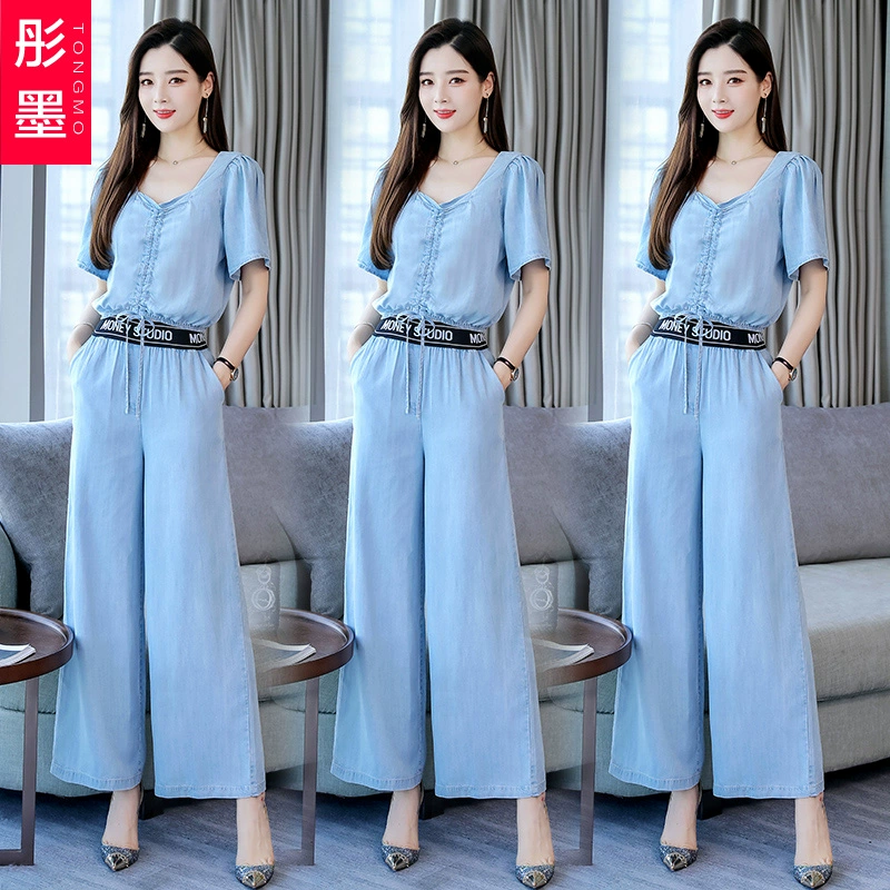 Bộ đồ thời trang châu Âu denim hai mảnh nữ mùa hè mới Hàn Quốc quần ống rộng xếp ly ngắn tay xếp ly thời trang - Bộ đồ