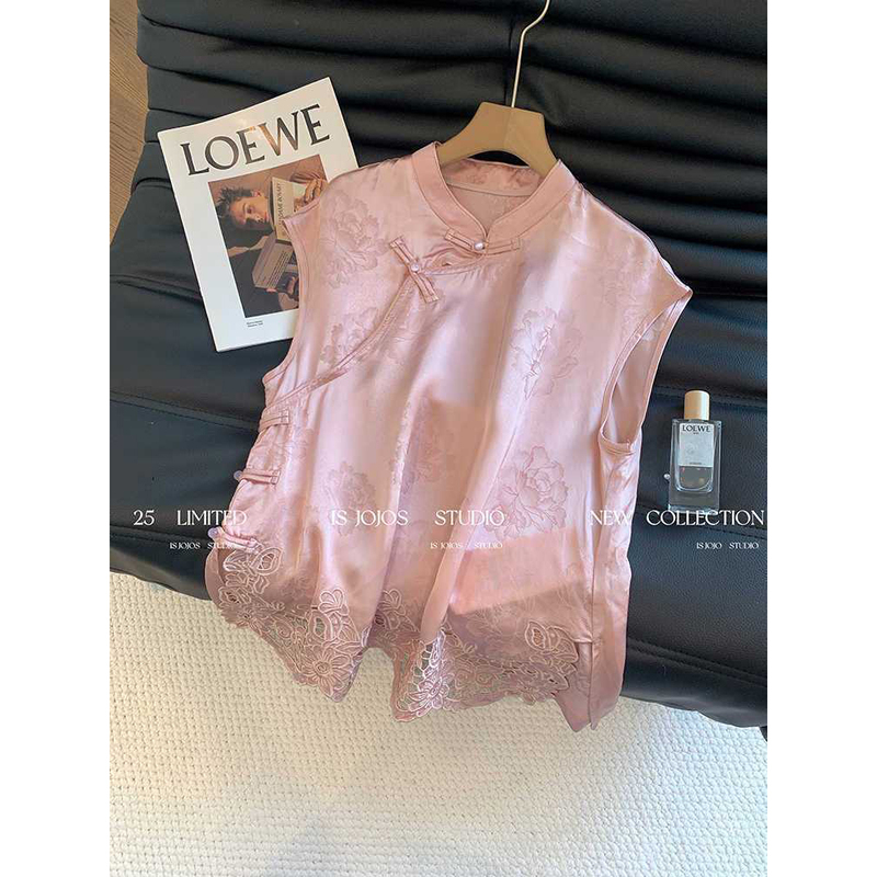 Plus-Size Women's New Chinese-Style Jacquard Sleeveless Shirt, Summer High-End Retro Unique National Style Button-Up Top