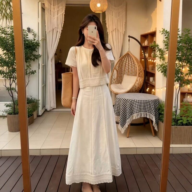 Plus Size Korean Style Pure and Elegant White Top for Women, New Summer Ladylike Casual A-Line Long Skirt Set Plus Size Korean Style Pure and Elegant White Top for Women, New Summer Ladylike Casual A-Line Long Skirt Set