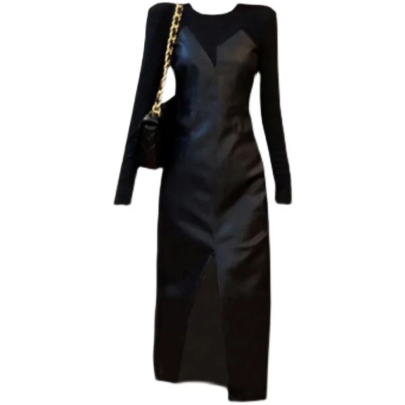 Plus Size Women's Clothing, Fashionable and Versatile Pu Leather Dress for Women, New Spring Style, Versatile Slimming Little Black Dress, Trendy
