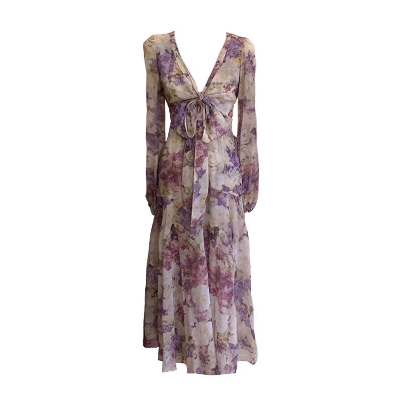 Plus-Size Korean-Style Fashion V-Neck Tie Long-Sleeve Dress, Summer High-End Slimming Elegant Slit Long Dress Plus-Size Korean-Style Fashion V-Neck Tie Long-Sleeve Dress, Summer High-End Slimming Elegant Slit Long Dress