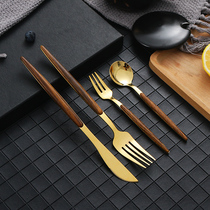 Stainless steel Western dining utensils knife and fork four pieces packaged packaged hotel dining knife fork set full imitation wood grain