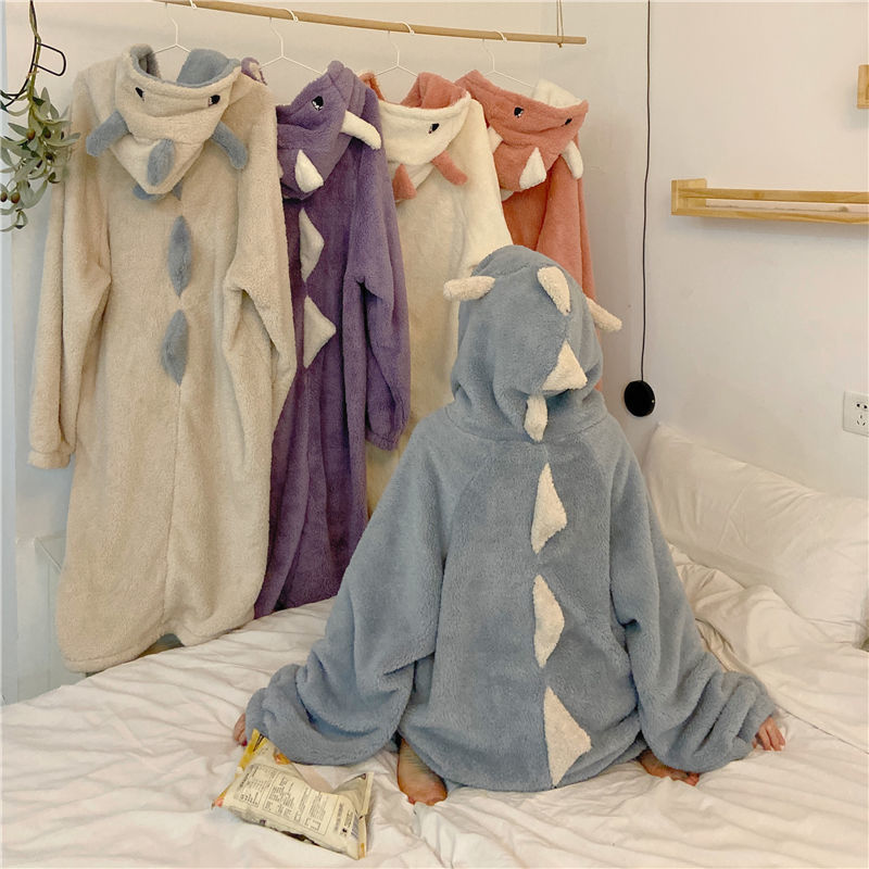 Korean version of autumn winter pajamas schoolgirl loose cute dinosaur coral velvet plus fleece plus thick ins nightgown homewear