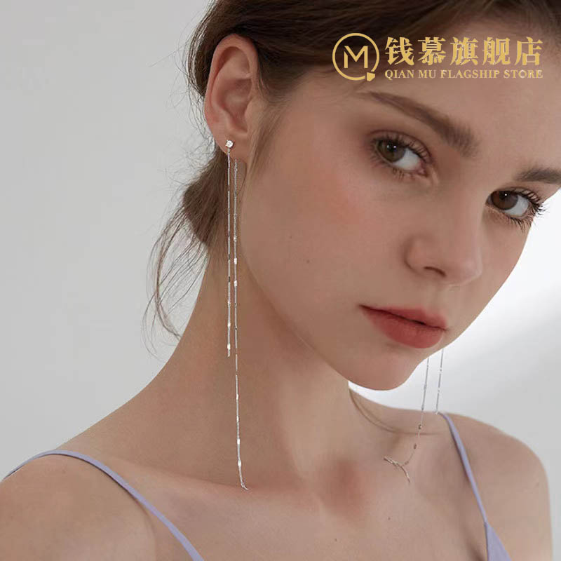 Light luxury retro S925 sterling silver white gold slim long earlining Japan and Korea tassel imitation diamond stud earrings women's earrings