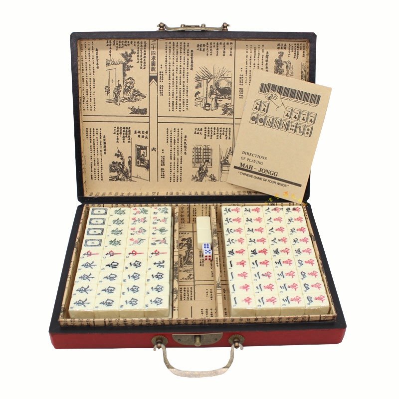 Antique Mahjong Box English Overseas Mahjong Travel Dormitory Mahjong with Antique Leather Box Fulu Shou sent to foreigners