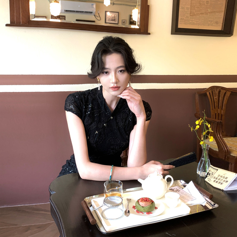 Nuano "Incomparable" Black Heavy Lace Cheongsam Dress 2026 Summer Slimming New Style Dress for Women