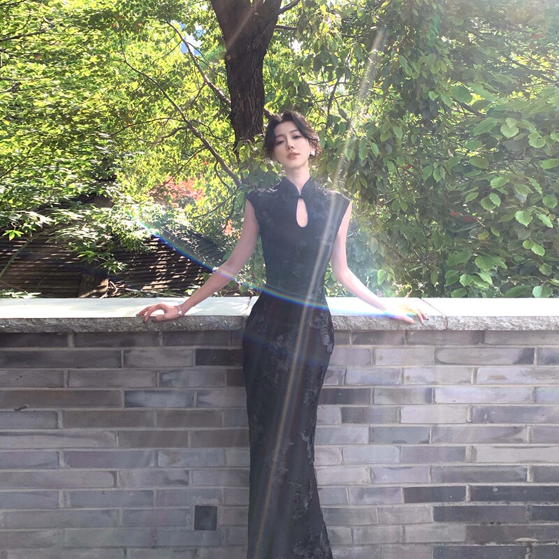 Nu Anuo New Chinese-Style Black Heavy-Duty Cheongsam Dress for Women, National Style Stand-Up Collar, Waist-Cinching Fishtail Bodycon Dress, New Summer Model