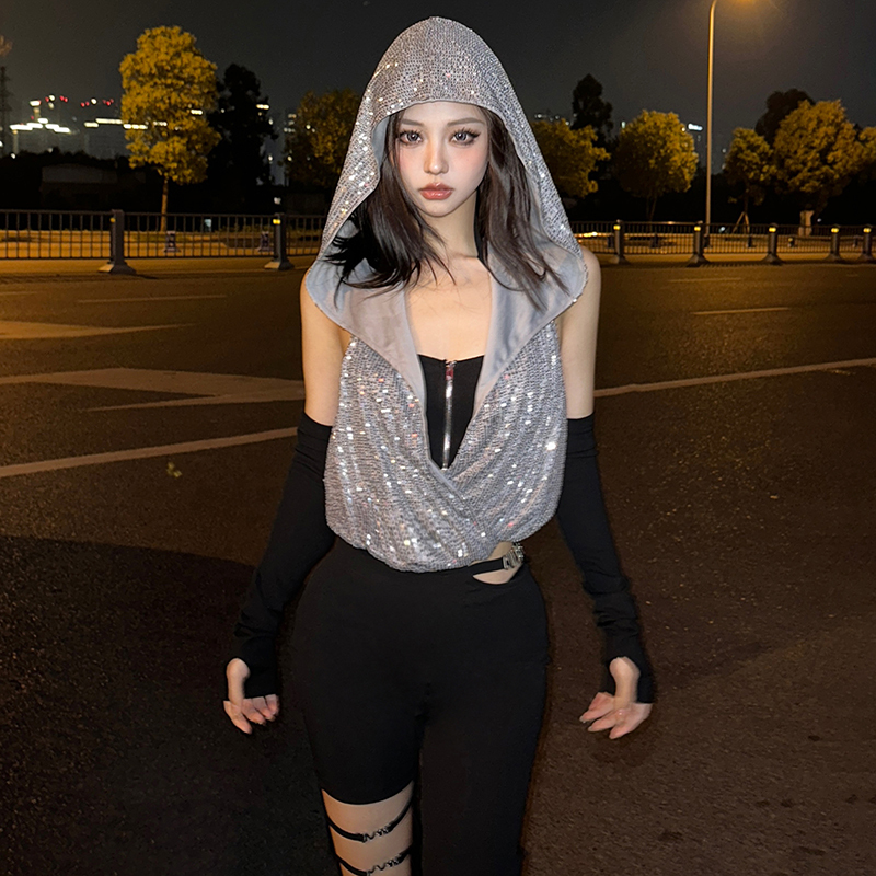 Quirky Girl, Unique Wasteland Style Zipper Design with Sleeve Covers, Fashionable Hooded Sequin Loose Blouse for Women