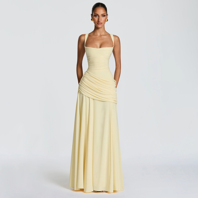 Quirky Girl European and American Style High-End Pleated Backless Spaghetti Strap Dress, Sexy Slim-Fit Waist-Cinching Long Dress