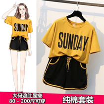 Fat mm summer large size womens loose belly cover thin shorts two-piece set age reduction foreign style Fat sister fashion suit