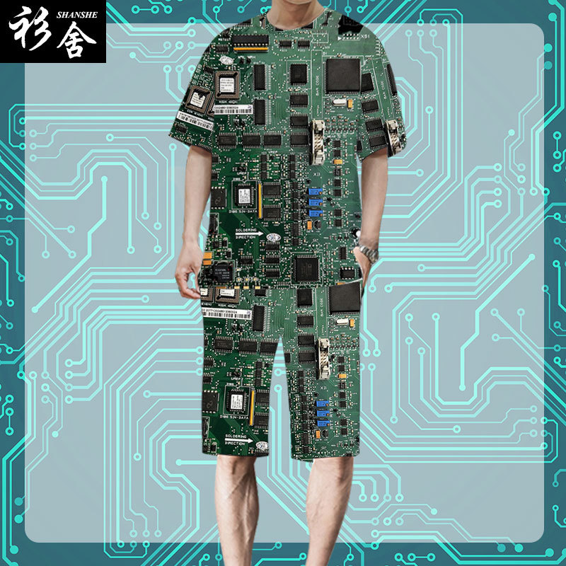 Computer and Mobile Phone Circuit Board Chip Fashion Tech-Inspired Electronic Technology Men's Quick-Dry Short-Sleeve T-Shirt and Shorts Set