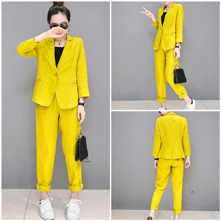 欧洲站2018春装新款休闲时尚小西装套装女棉麻西服九分裤两件套潮