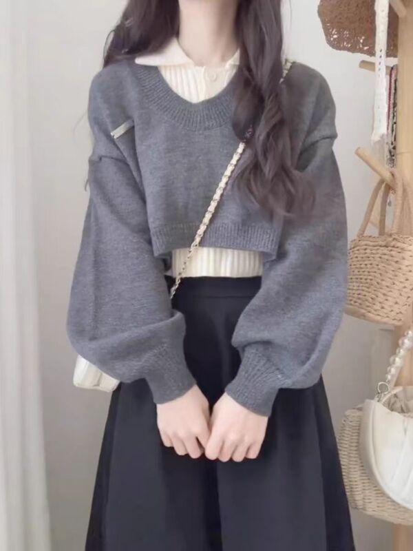 College Style Short Polo Collar Sweater for Women, Autumn and Winter High-Waisted Two-Piece Knitted Top, 2026 New Hot Style