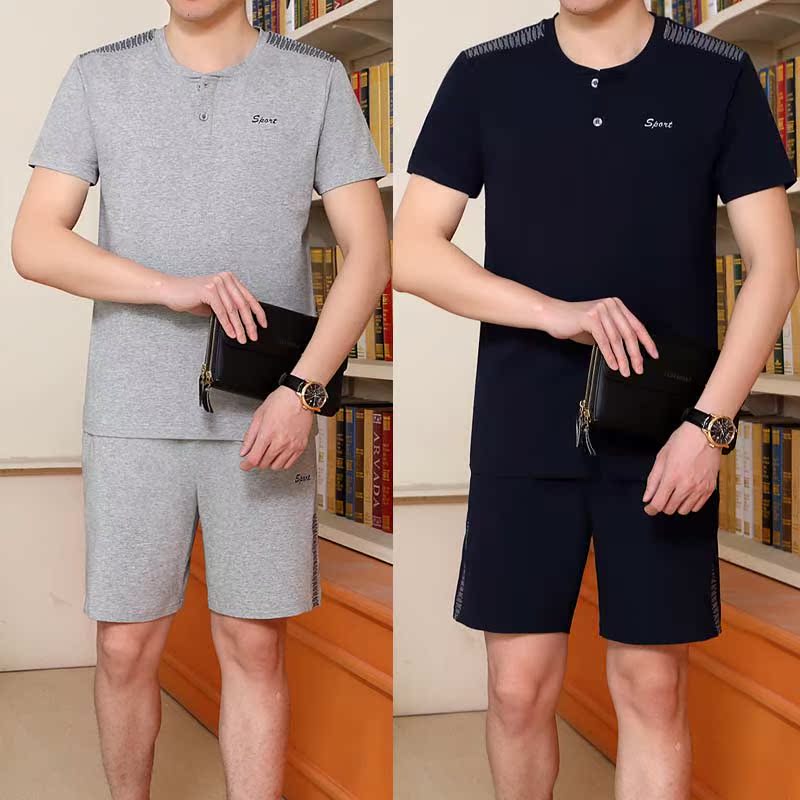 夏季男装中年短袖T恤男士短裤跑步运动服夏天老年人半袖t休闲套装