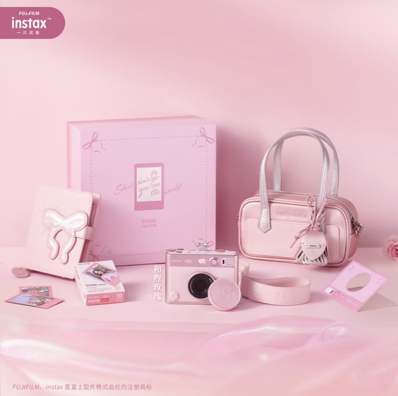 Fuji Instax Instant Camera Mini Evo and Gentle Rose Gift Box Set