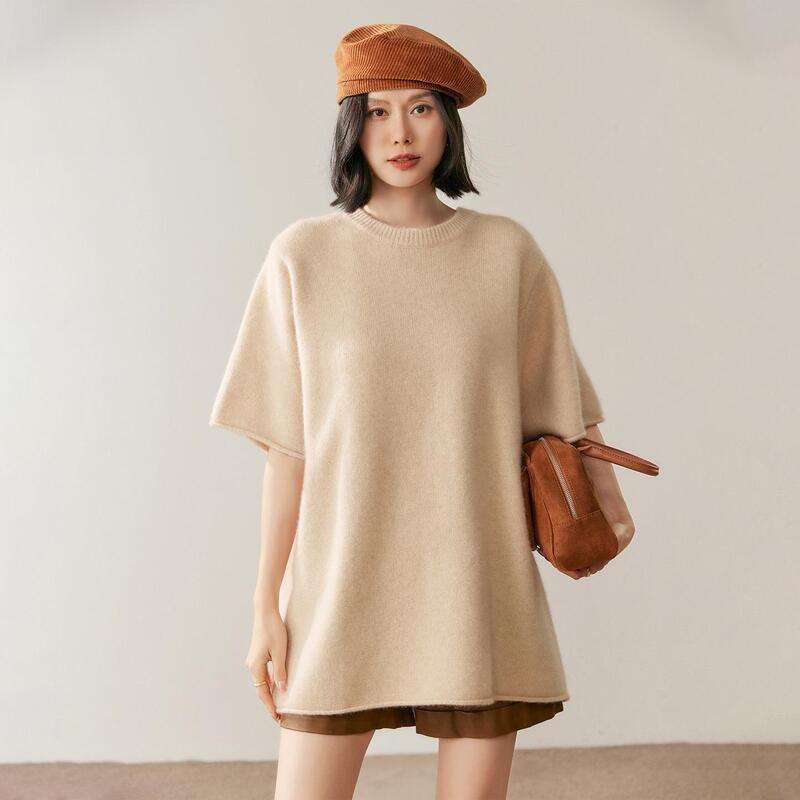 High-End Soft Baby Cashmere Women's Round Neck Three-Quarter Sleeve Plus Size Lazy Style Mid-Length Sweater Knitwear