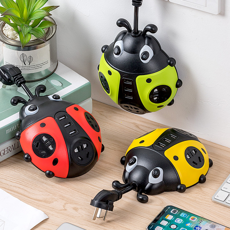 All pure copper plug sitting ladybug usb socket converter plug one turn three plug row plug board porous household multi-function