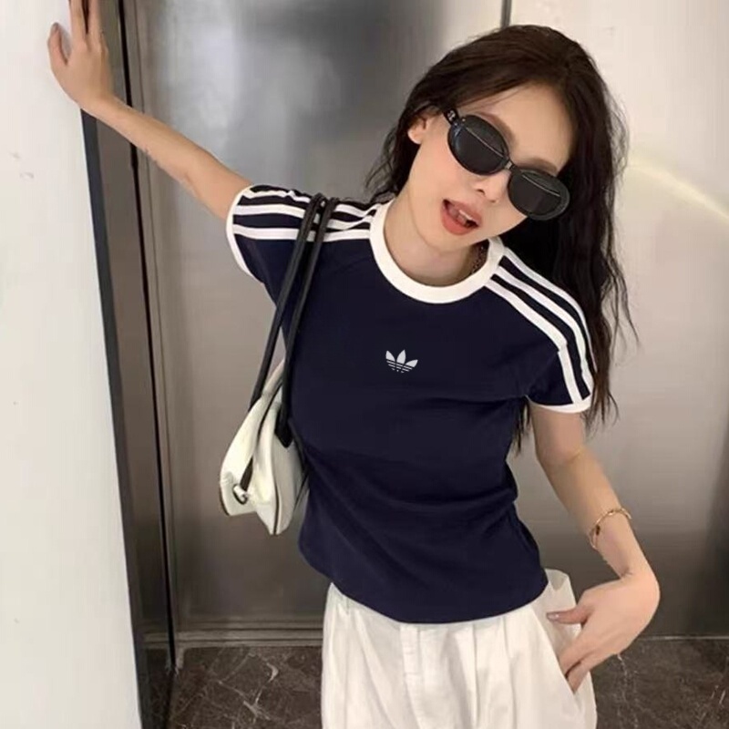 Jennie-Style Short-Sleeve T-Shirt for Women, Summer Three-Stripe Slim-Fit Round Neck American Casual Sports Style Top