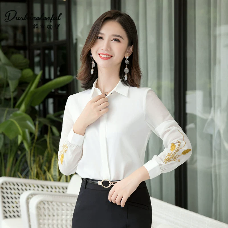 Áo sơ mi thời trang của phụ nữ lưới gạc đèn lồng tay áo thêu vải sa tanh áo cánh của phụ nữ retro áo sơ mi trắng đáy áo sơ mi - Áo sơ mi