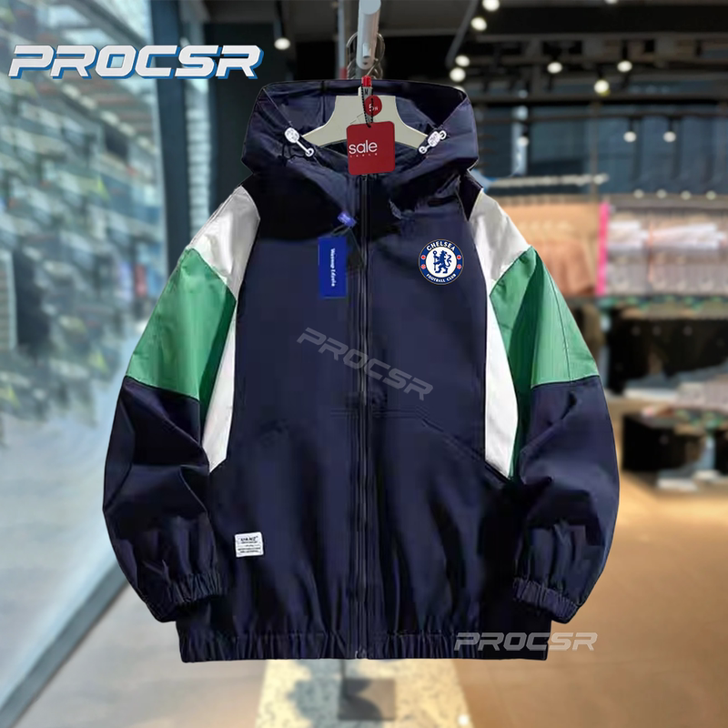 Chelsea 2025 Season New Football Jersey Long-Sleeved Hooded Jacket with Contrasting Colors, Casual Loose Waterproof Jacket