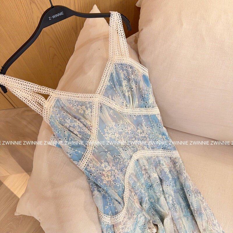 Zwinnie/Zhanweini【Ice Blue】Embroidered Suspender Dress Ghz202508 Zwinnie/Zhanweini【Ice Blue】Embroidered Suspender Dress Ghz202508