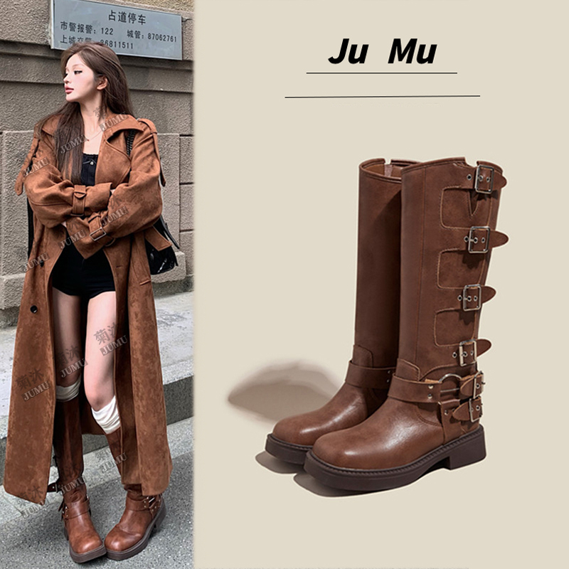 Yi Mengling's Same Style Boots, Miu's Retro Western Cowboy Boots with Belt Buckle, Chunky Heel Long Boots, Melard Boots