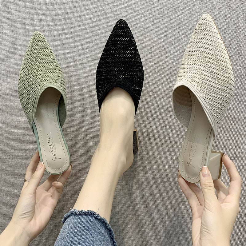 Baotou middle-heeled sandals for women 2022 summer new style flying woven all-match thick-heeled loafers pointed toe Muller half slippers