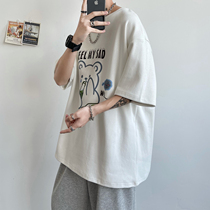 Small Bear Drink Stifling Wine Lovers Short Sleeve T-shirt Male And Female Summer Cartoon Printed Harbor Wind Ins 100 Lap Students Clothes