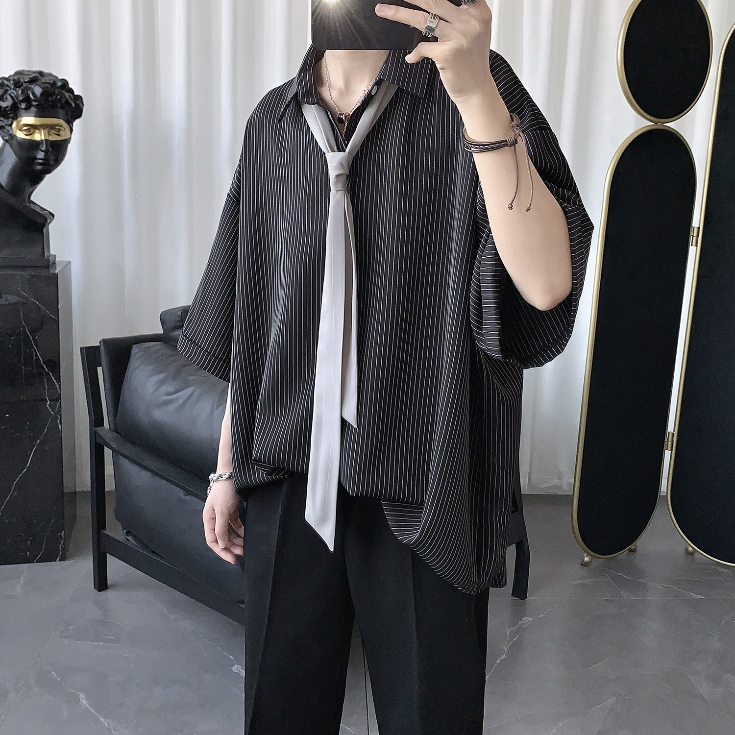 Summer Advanced Sensation Striped Ruffi Handsome Short Sleeve Shirt Male Korean version Trend Shuai Gas Port Wind Day Department relaxed 100 Lap Shirt