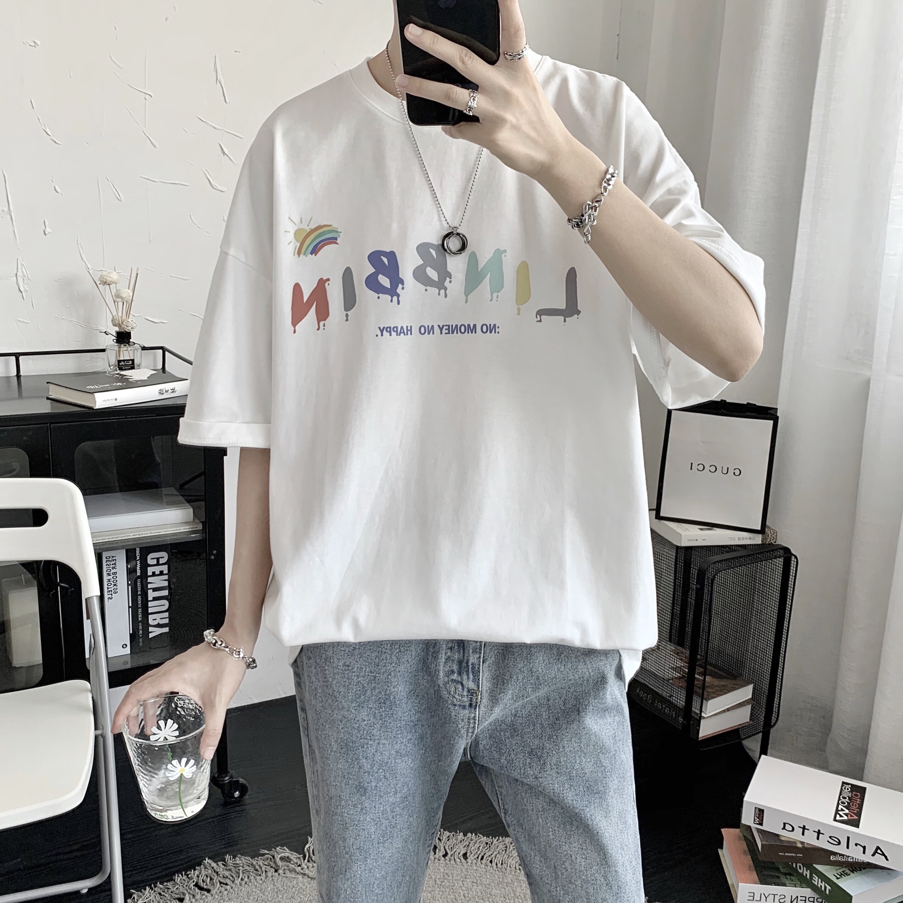 Men's clothing 2022 new summer men short sleeves T-shirt male tide cards trend easing ins-port wind 100 lap pure cotton clothes