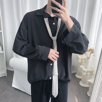 Korean style heart design sense of seven-point sleeve striped shirt male Korean version of the trend loose net red very fairy shirt male