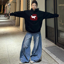 Black Pure Cotton Hooded Sweatshirt for Women 2025 New Popular American Style Loose Fleece-Lined Thickened Autumn and Winter High Street Hoodie Trendy