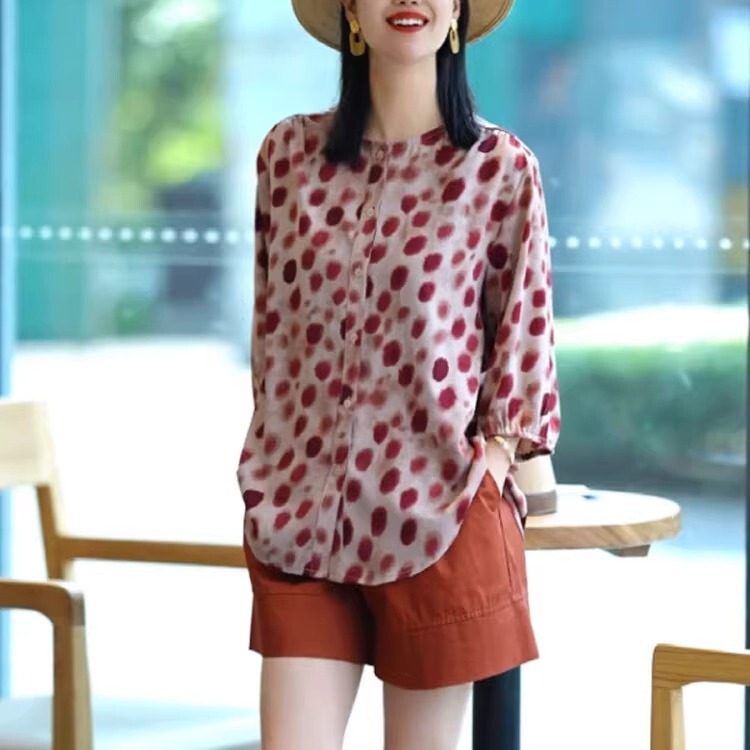 French Retro Style Polka Dot Print Shirt 2026 Summer New Fashion Versatile Loose Slimming Trendy Top