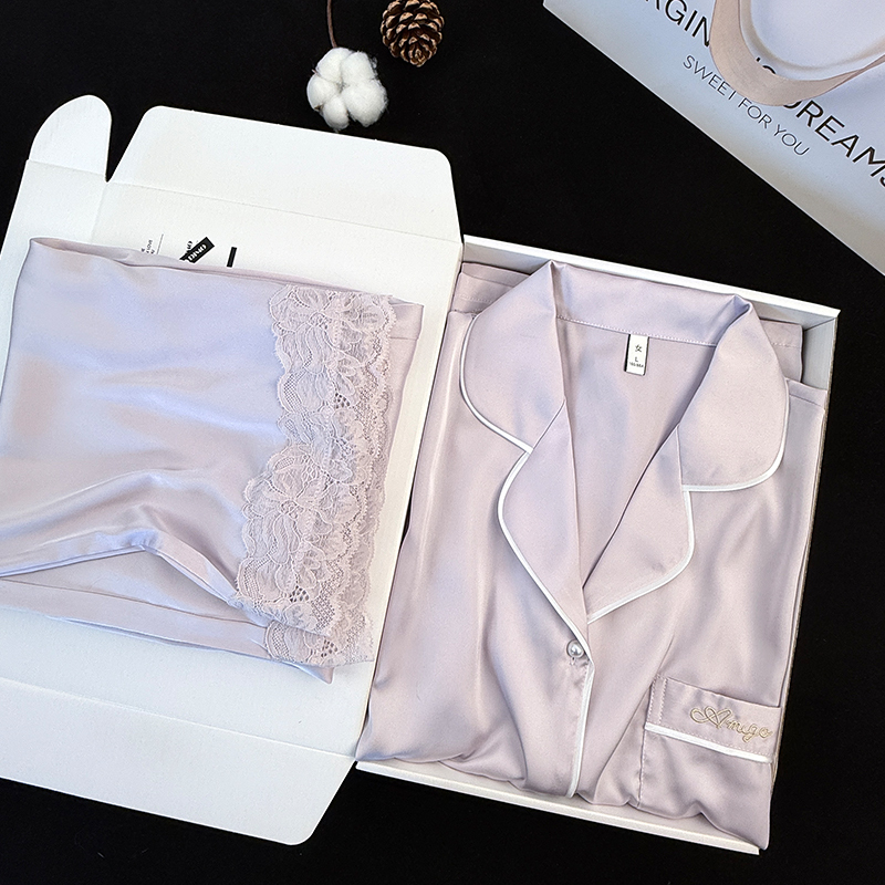 Ice Silk Pajamas for Women, Spring and Summer Long-Sleeved Long Pants, High-End Moonlight Satin Home Wear Set, Gift for Best Friend's Birthday Ice Silk Pajamas for Women, Spring and Summer Long-Sleeved Long Pants, High-End Moonlight Satin Home Wear Set, Gift for Best Friend's Birthday