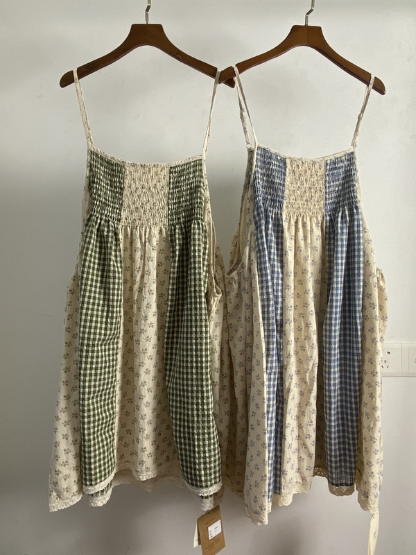 7385 Japanese-Style Simple Retro Floral Sleeveless Plaid Versatile Patchwork Slip Dress