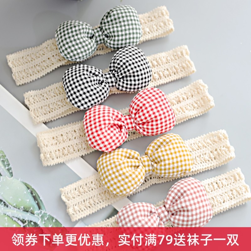 Korean version of new children's hair accessories Baby newborn hair with ornaments cute grid girl Butterfly knot headwear
