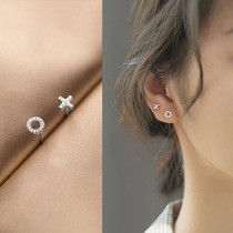Delicate and small asymmetrical XO letter ear nail s925 pure silver Korean version inlaid drill raising earhole ear decoration minimalist temperament