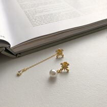 Asymmetrical cross starring pearl gold earrings S925 pure silver trendy light lavish with long rear hanging ear accessories